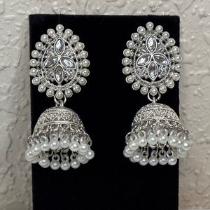 Gypsy Bohemian Silver Tone Dangle Faux Pearl Crystal New Earrings